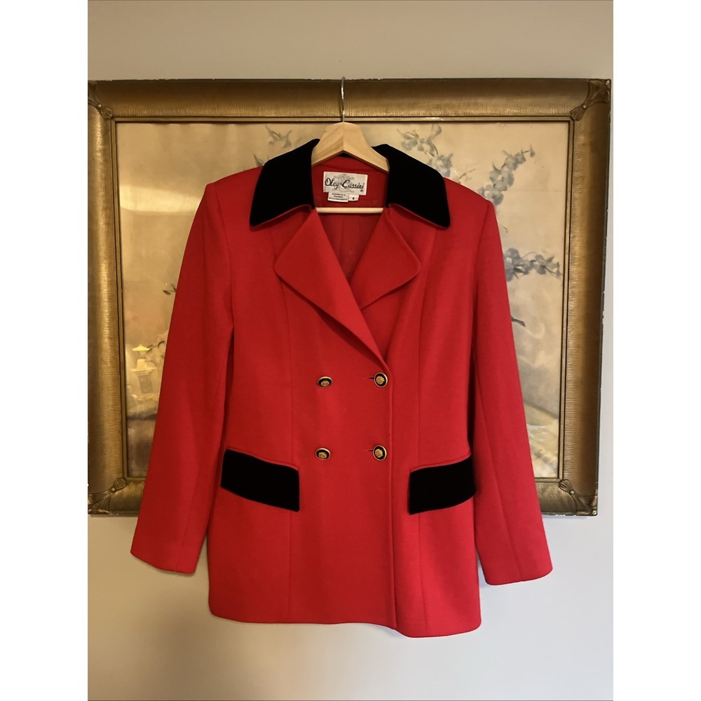 Vtg. Oleg Cassini Women's 10 (M) Red Wool Blazer Coat, Satin Lined, Black Velvet